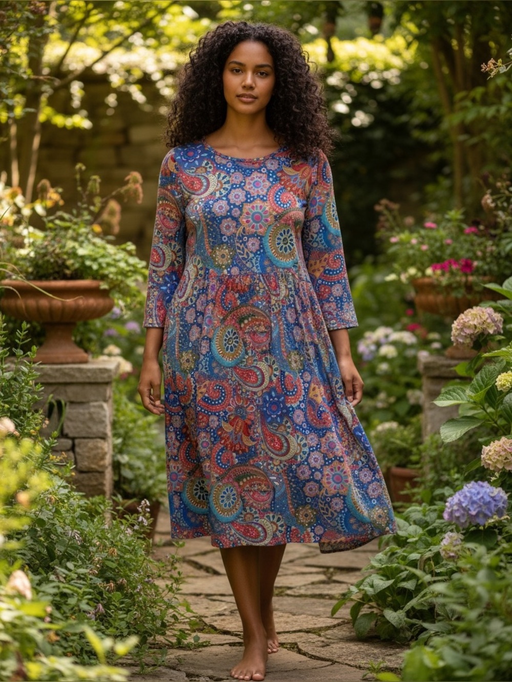 Blue Paisley Multicolor Long Sleeve Women's Dress